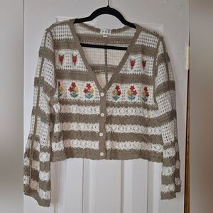 POL Women's Crochet Cardigan S M L OS Floral Embroidered Boho Cottagecore